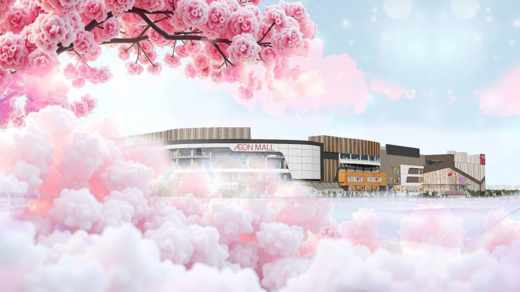 Thiết kế poster AEON MALL Huế với hoa anh đào và màu pastel